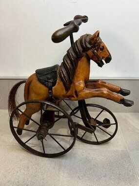 Antique Early 19th Century Horse Toy Tricycle Velocipede Hand Carved Wood